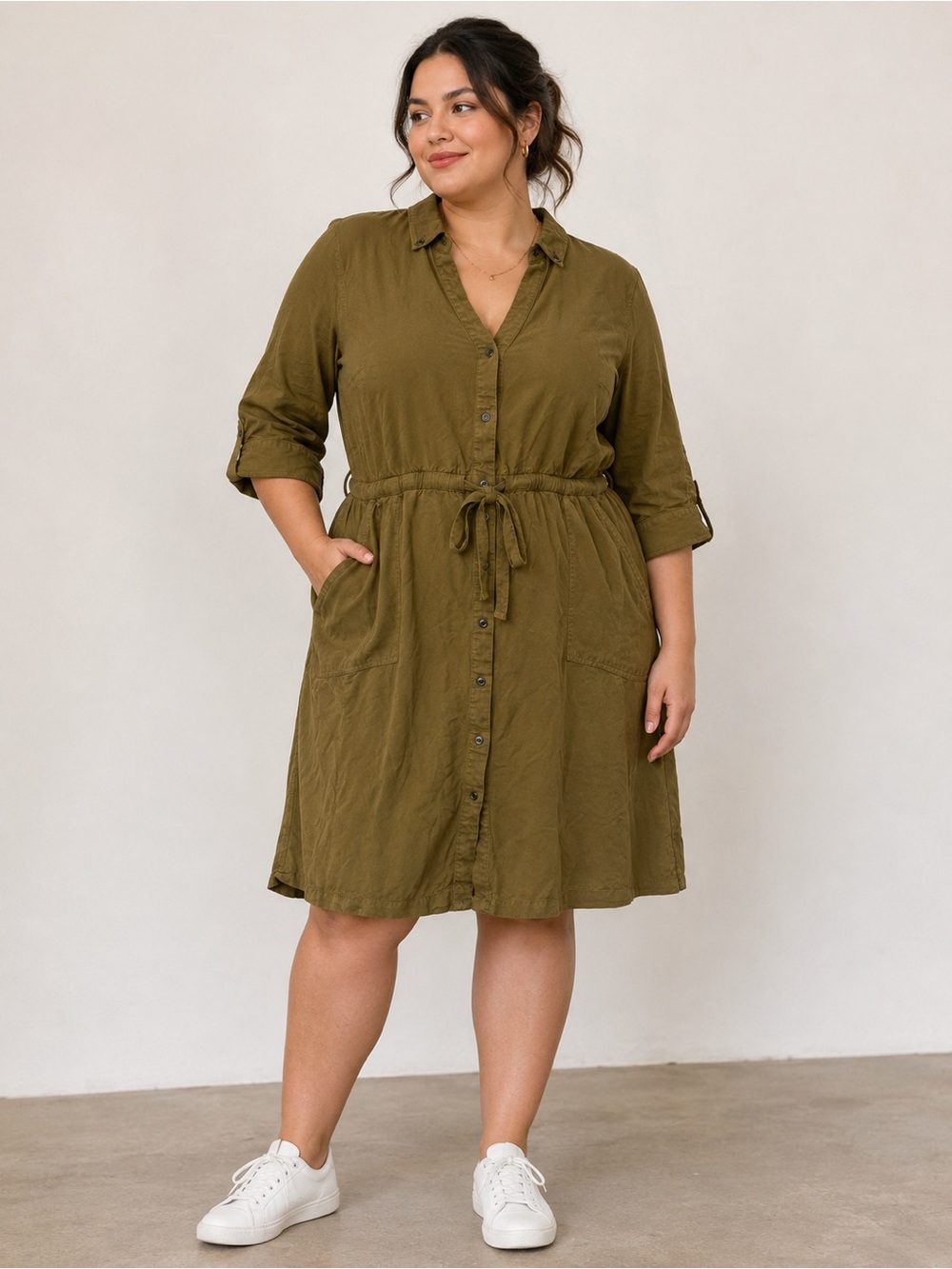 Old Navy Olive-Tone Button Front Drawcord Dress